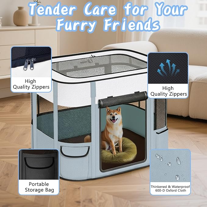 Portable Cat Playpen with Separate Areas, 2-in-1 Puppy Playpen & Cats Cage, Foldable Pet Tent for Indoor and Outdoor Use, Collapsible Tent Kennel Cage House(35.4"x27.6"x27.6", White & Grey)