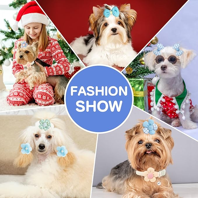 180+ Pcs Blue Dog Hair Accessories Set,Small Dog Hair Bows with Rubber Bands,Cute Puppy Hair Ties,Bowties for Small Dogs Cats,Dog Hair Clip,Floral Bell Collar,Flower Scrunchie