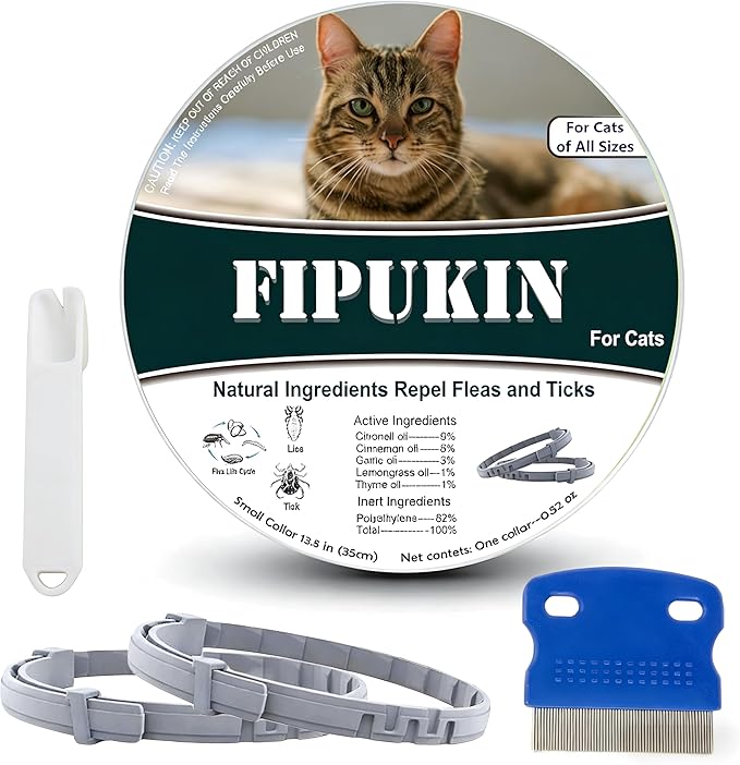 Natural Flea Collar for Cats | High‑Rated Plant‑Based Protection, 8‑Month Waterproof Formula | Includes Grooming Comb & Tick Removal Tool