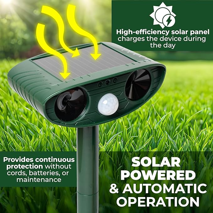 Upgraded Solar Ultrasonic Animal Repellent Outdoor (Pack 2pcs) - Cat Repellent Outdoor, Squirrel, Deer, Raccoon, Pest Repeller - Keep Skunk Away Motion Detection with Flash Light for Yard Garden Lawn