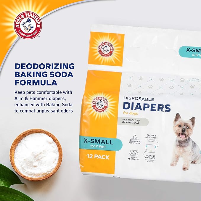 Arm & Hammer For Pets for Pets Female Dog Diapers, Size X-Small | Ultra-Absorbent, Adjustable Girl Dog Diapers with Leak-Proof Protection and Wetness Indicator (Pack of 1,12 Count Total)