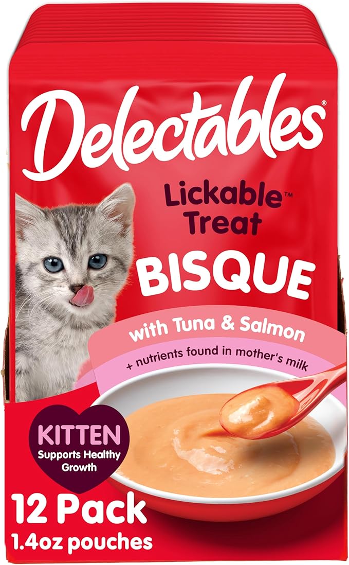 Delectables Lickable Treat Bisque Kitten Wet Cat Treat with Real Chicken & Veggies, Completed & Balanced, Hydrating, Grain-Free, No Fillers, No Added Preservatives, 1.4oz Pouch, 12ct