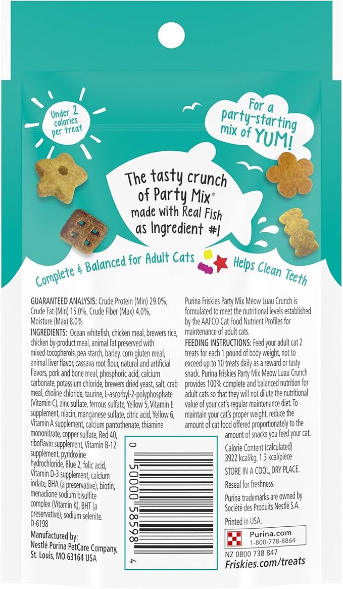 Purina Friskies Party Mix Cat Treats, Meow Luau Crunch with Ocean Whitefish, Crunchy Cat Treats Made for Adult Cats, 2.1 Ounce Resealable Pouch (Pack of 1)