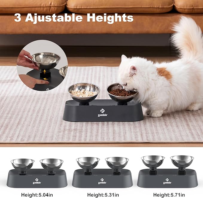 Raised Cat Food and Water Bowls with 3 Height for Indoor Cats, 15° Tilted in Both Ways Elevated Base Anti Vomiting Cat Dishes, Anti Spill for Puppies