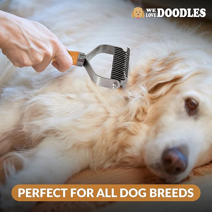 Pet Dematting Comb for Dogs and Cats with Wood Handle, Deshedding Undercoat Rake with Stainless Steel Blades, Pet Comb for Detangling Thinning and Shedding, All Hair Types [We Love Doodles]