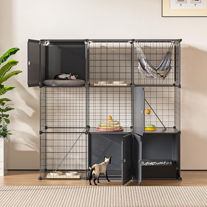 Cat Enclosure Cat Cage Indoor with Litter Box,3-Tier Large Playpen Catio Cat Cage Outdoor Cat Crate Detachable Metal Wire Kennel Medium Kitten Cage