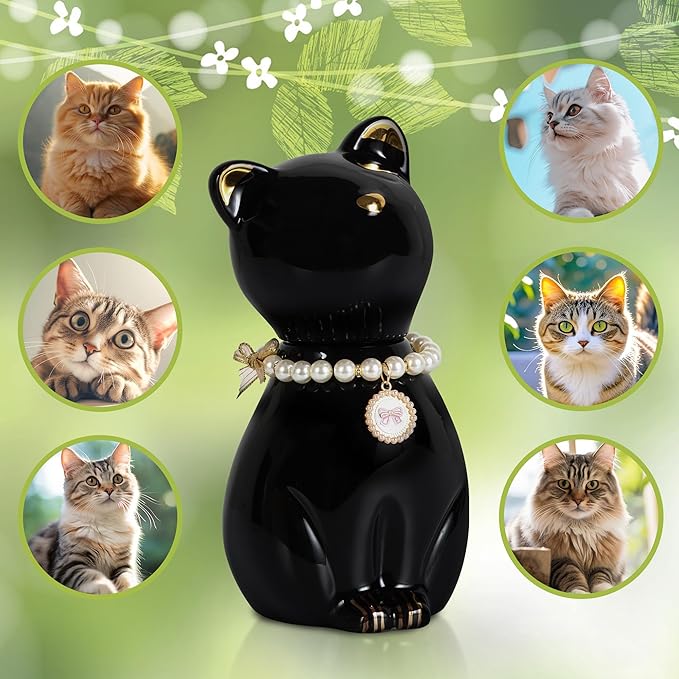 Cat Urns for Ashes, Elegant Ceramics Pets Cremation Keepsake, Funerary Urns Black Pet Urn for Cats Memorial Box with Personalized Necklace (20lbs)