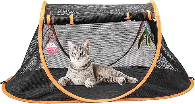 Portable Cat Mesh Tent Pet Cage,Pop Up Crate,Foldable Kennel,Indoor,Outdoor,Comfy Puppy House-Washable Fabric for Small Animals with 2 Cat Toys, Carry Bag & 2 Stakes