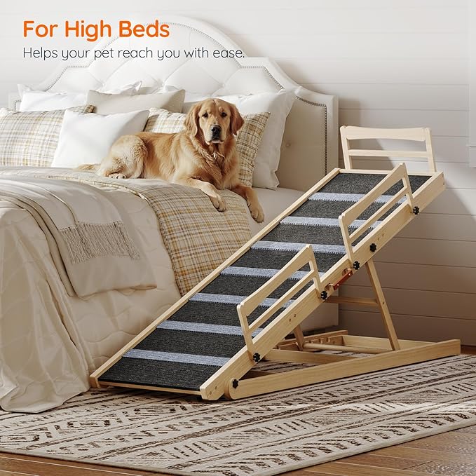 HOOBRO Dog Ramp for Bed, 63" Long Folding Pet Ramp with Non-Slip Mat and Safety Side Rails, 5 Height Adjustable up to 29.5", Wooden Dog Ramp for Couch, for Small/Large Dogs, Natural and Black NB46PT03
