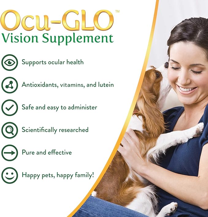 Ocu-GLO Cat & Dog Supplement for Eye Support - Chewable Vision Vitamins Supplements for Large and Small Pets Care with Lutein, Omega-3 Fatty Acids, Grape Seed Extract & Antioxidants