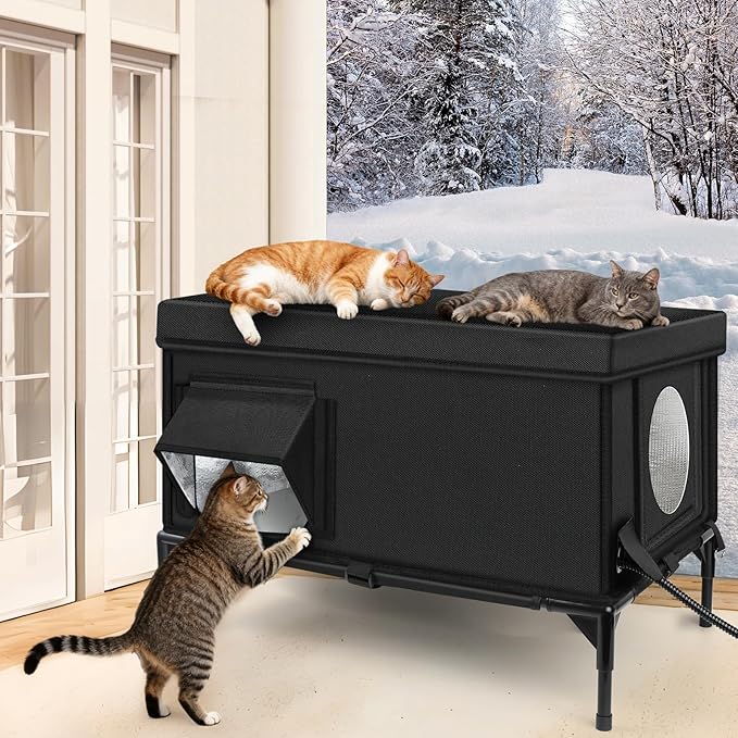 Heated Outdoor Cat House Weatherproof with Heating Pad, Heated Cats House for Outside, Insulated Feral Cat Houses for Outdoor Cats with Safe Escape Door, Elevated Outside Stray Cats Shelter(L)