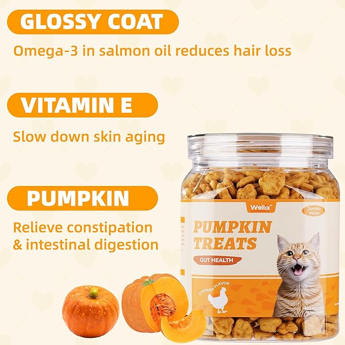 Wellix 13.05oz Healthy Cat Treats Pumpkin Flavor - Chicken Formula Stomach Sensitive Kitten Snacks for Digestive Support - Cat Constipation Relief Low Calorie Food Topper for Cats