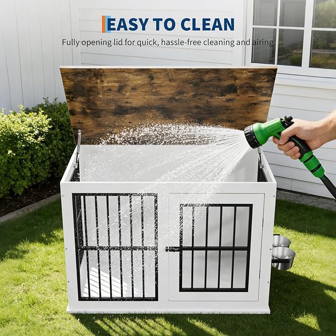 Dog Crate Furniture, 39.7" White Wooden Kennel, Heavy Duty Indestructible Dog Cage with Liftable Top Panel, Decorative Pet Crate House End Table TV Stand for Large Breed Medium Small High Anxiety Dogs