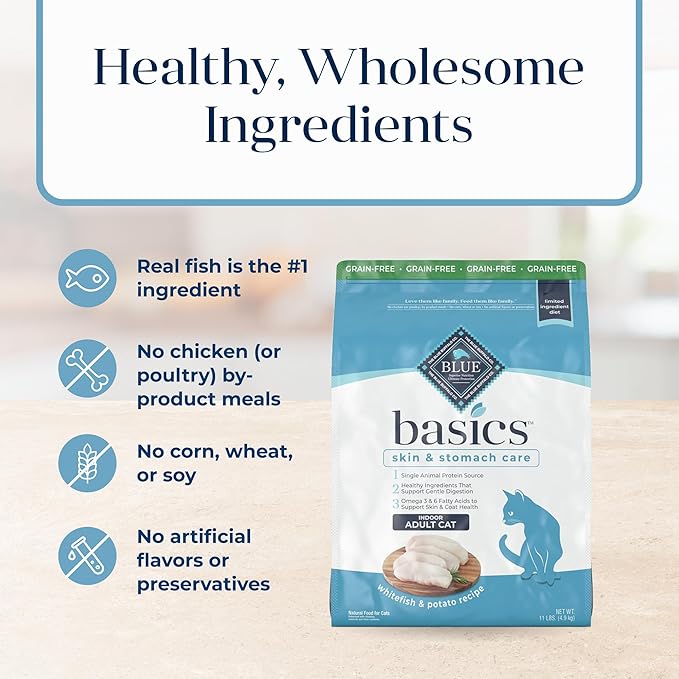Blue Buffalo Basics Grain-Free Dry Cat Food, Skin & Stomach Care, Limited Ingredient Diet for Indoor Cats, Fish & Potato Recipe, 11-lb Bag