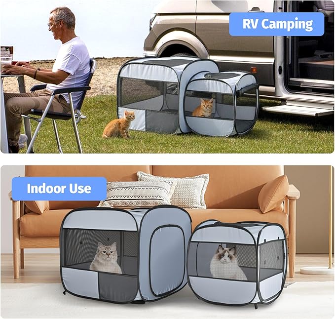 EighteenTek® 2-in-1 Portable Cat Playpen, Detachable into 2 Separate Cages with Additional 2 Doors, Pop up Pet Play Pen Cat Tent House, Foldable Puppy Enclosure Kitten Crates Indoors Outdoor(Grey)