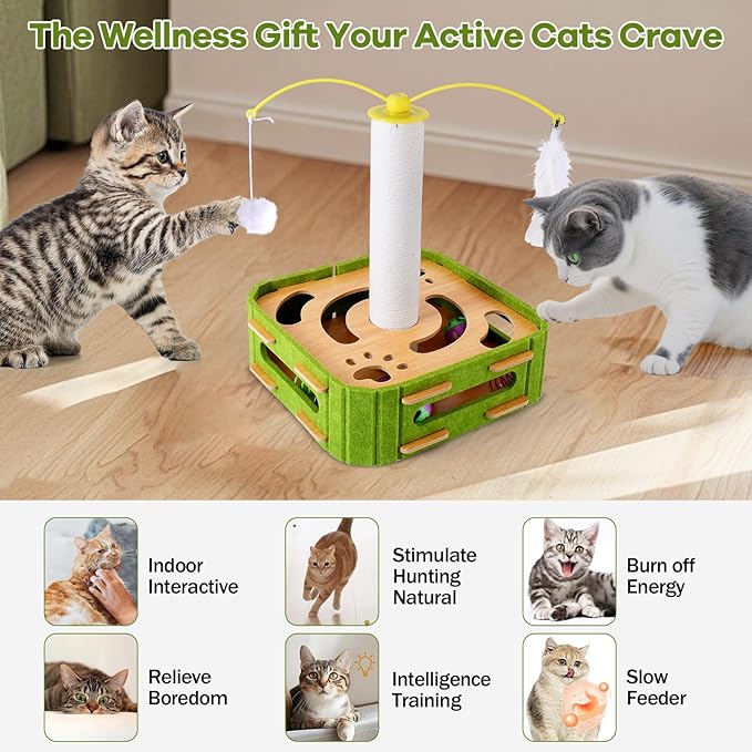 5-in-1 Cat Toys Interactive Wooden Cat Puzzle Toy Intelligence Treat Puzzle Feeder Box Game Enrichment Accessories with Jingle Balls, Wands, and Spiral Springs for Indoor Kitten Adult Cat