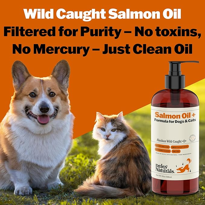 Deley Naturals Wild Alaskan Salmon Oil for Dogs & Cats - New and Improved Salmon Oil Plus Formula - Fish Oil for Dogs with Omega 3, DHA and EPA - Omega 3 for Healthy Skin and Coat - 32oz Made in USA