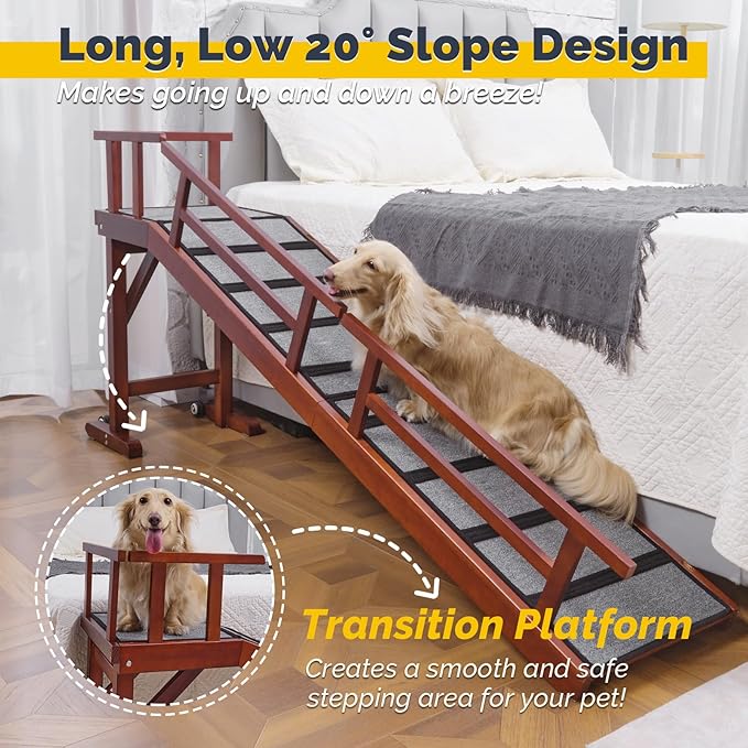Dog Ramp for Bed or Couch, Wooden Pet Ramp with 20° Gentle Slope, Removable Side Rails, Non-Slip Surface, Top Platform & Wheels, Safe Bed Ramp for Small, Large & Senior Dogs, 74" Long, Mahogany