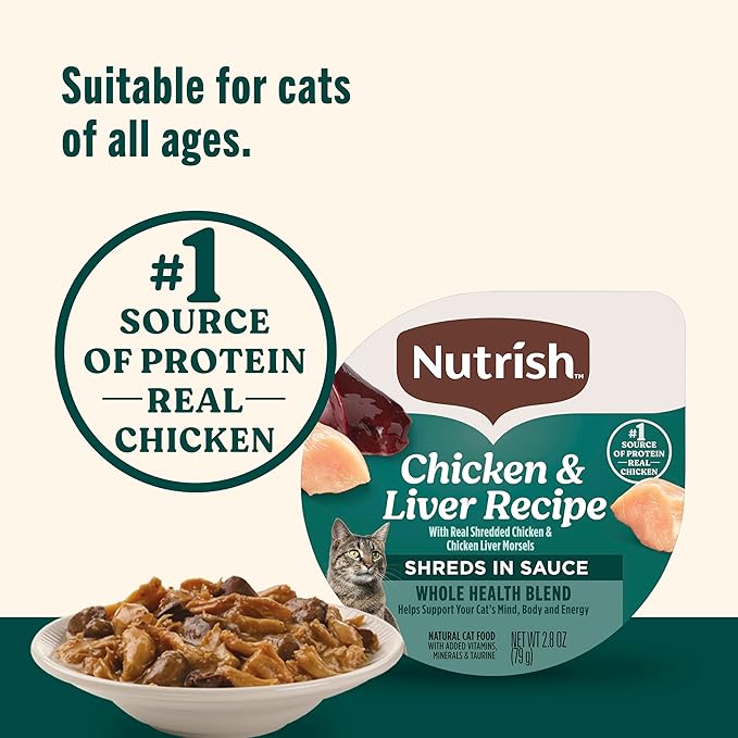 Nutrish Grain Free Wet Cat Food Chicken & Liver Recipe Whole Health Blend with Real Shredded Chicken & Chicken Liver Morsels in Sauce Wet Cat Food, 2.8 oz. Cup (Rachael Ray) (Pack of 24)