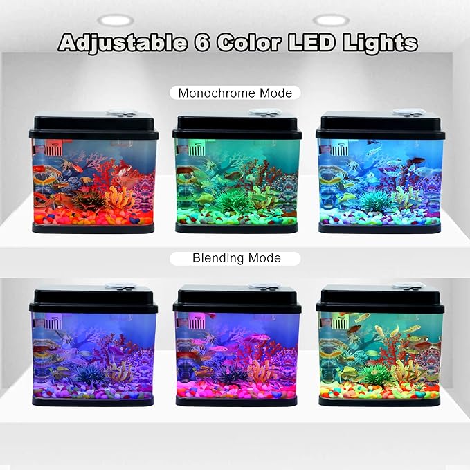 Mini Aquarium, 1 Gallon Small Fish Tank, 6-Color Adjustable LED Fish Bowl, 3-in-1 Dual-Mode Water Pump with Circulation, Oxygenation and Filtration,Ideal Gift and Decoration Choices