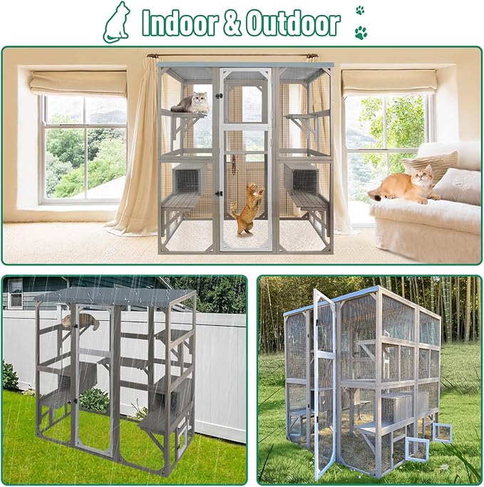 PetsCosset Outdoor Cat Catio Enclosures Large Wooden Cat House Patio for Indoor Cats Feral Cat Shelter with 2 Espace Doors, 2 Resting Rooms, 5 Platforms, Removable Waterproof Cover 67.7" H