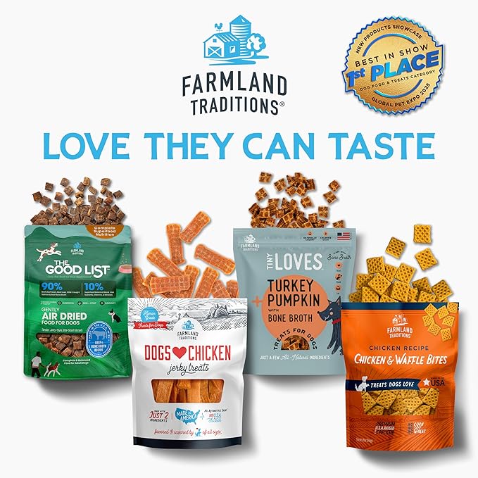 Farmland Traditions Dogs Love Chicken Jerky Dog Treats, Premium Two-Ingredient Dog Jerky with USA-Raised, Human-Grade Chicken & No Antibiotics Ever, 3 Pound (Pack of 1) Bag.