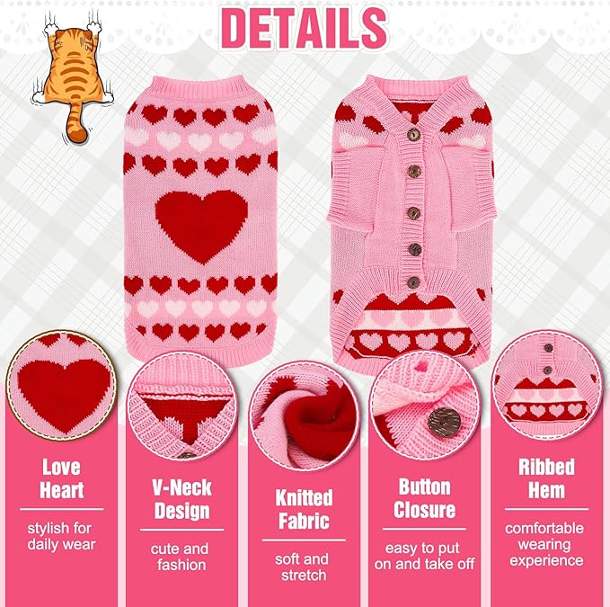 EXPAWLORER Cat Valentines Outfit Sweater Cardigan - Valentine's Day Knit Cat Clothes, Soft Puppy Sweater with Sleeve, Cute Warm Pet Clothing Knitwear, Kitten Coat for Girl Boy Cats, Love Heart L