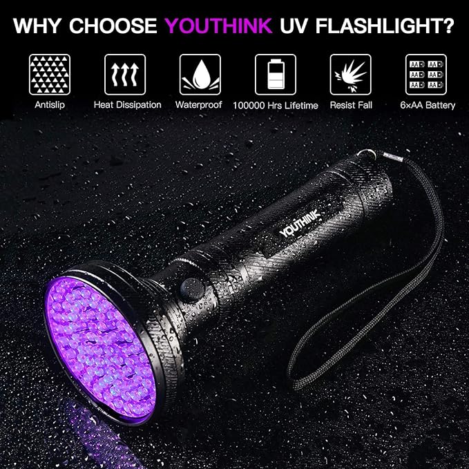 Fdit Black Light Flashlight, 100 LED UV Blacklight, Pet Urine Detector with Sunglasses, Aluminum Alloy, 395nm