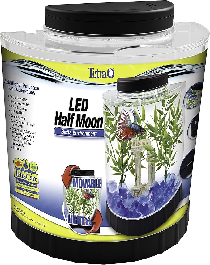 Tetra 1 Gallon Half Moon Small Fish Tank w/ Movable LED Light, For Betta & Gold Fish, Aquarium