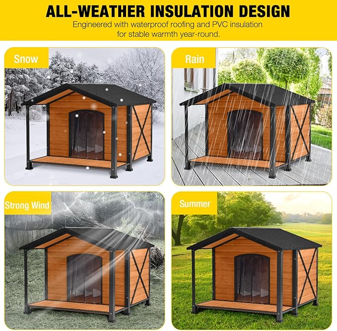 AIVITUVIN Heated Outdoor Dog House - Weatherproof Insulated Wooden Shelter with Iron Frame, Large Porch for Medium & Large Dogs, Indoor/Outdoor Kennel(XL)