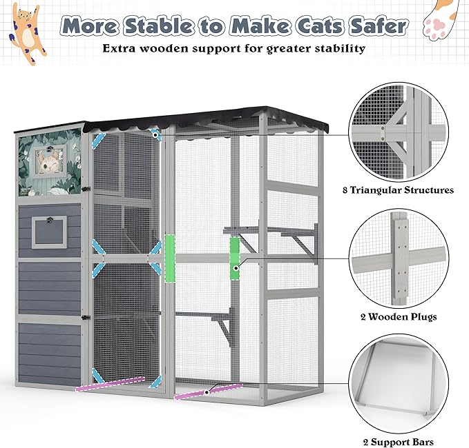 Outdoor Cat Enclosure, 4-Tier Large Cat Catio with Weatherproof Roof, 2 Resting Rooms, 2 Platforms, Walk in Cat Cage Cat House Indoor, Grey, w/Painted Panel