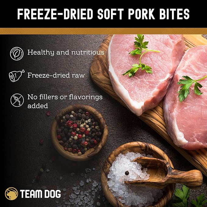 Team Dog Freeze-Dried Raw Pork Soft Dog Treats & Dog Food Topper | Grain Free Dog Treats for Training | 100% USA-Sourced Pork for Cleaner Teeth, Digestive Health & Muscle Growth | 14 oz Bulk Size