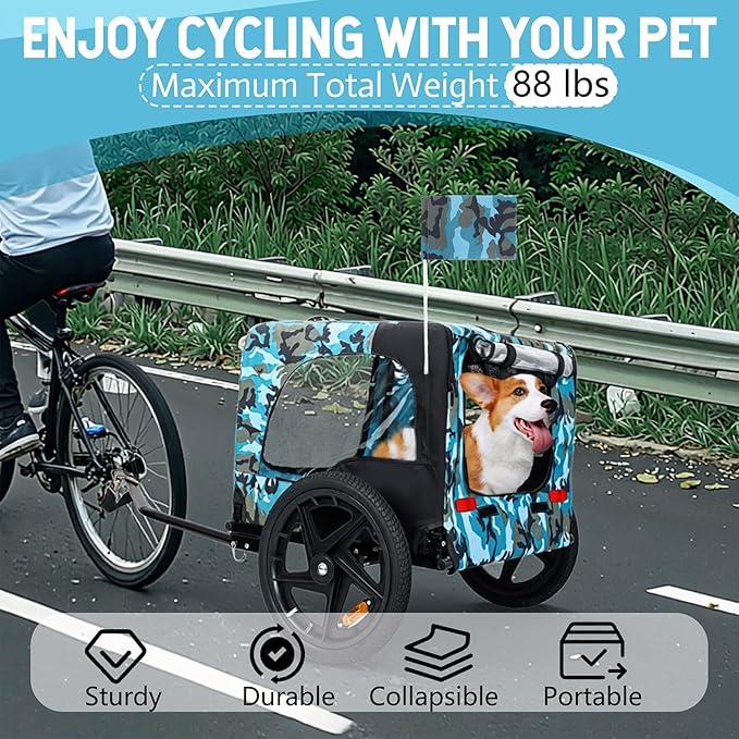 Anwick Dog Bike Trailer, Heavy Duty Dog Trailer for Bicycle, Cart Pet Bike Carrier with 3 Doors, 16" Wheels, Flag, Collapsible to Store, Pet Cart Bicycle Carrier for Small and Medium Pets
