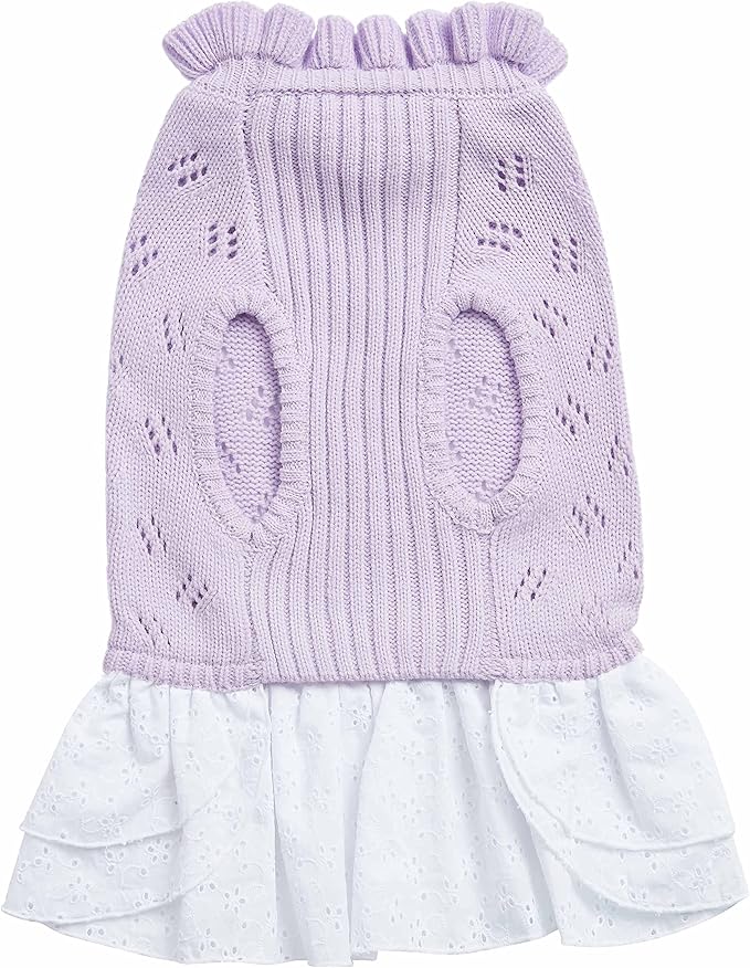 Blueberry Pet My Cutie Princess Ruffle Collar Dog Sweater Dress with Guipure Lace, Light Lavender, Back Length 10", Fall Winter Clothes for Girl Dogs