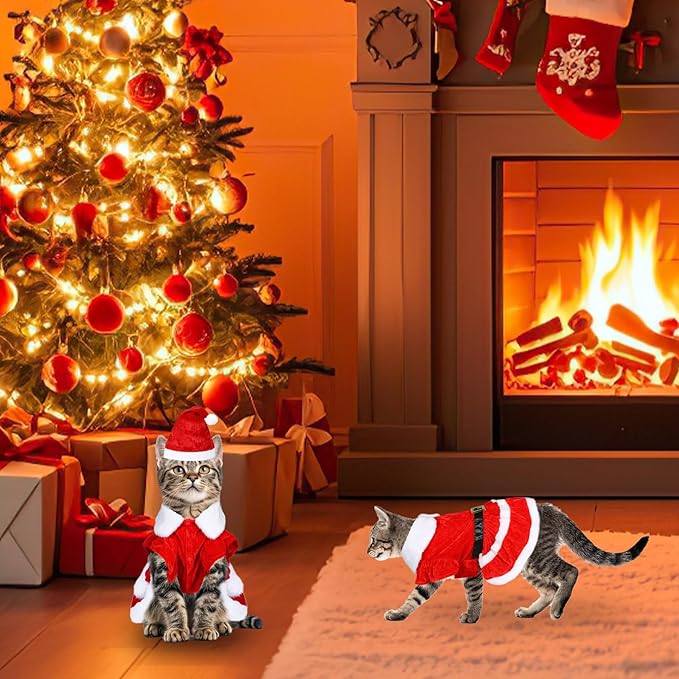 Cat Christmas Outfit Cat Christmas Dress with Santa Hat Costume Holiday Outfit Clothes for Cats Kittens Puppy (Small)
