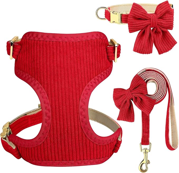 Didog Cute Small Dog Harness Collar and Leash Set with Bowtie, Breathable Soft Mesh Padded Puppy Harness, Christmas Dog Harness for for Parties, Holiday Gatherings & Gifts, Red, M