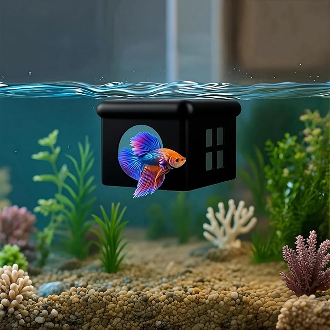 Black Floating Betta Fish Hideout with Window – Sleek 3D Fish Breeding Box & Shelter – Floating Feeding Platform for Betta Tanks – Rest Cave Decor for Small Aquariums (3.67"x2.87"x2.16")