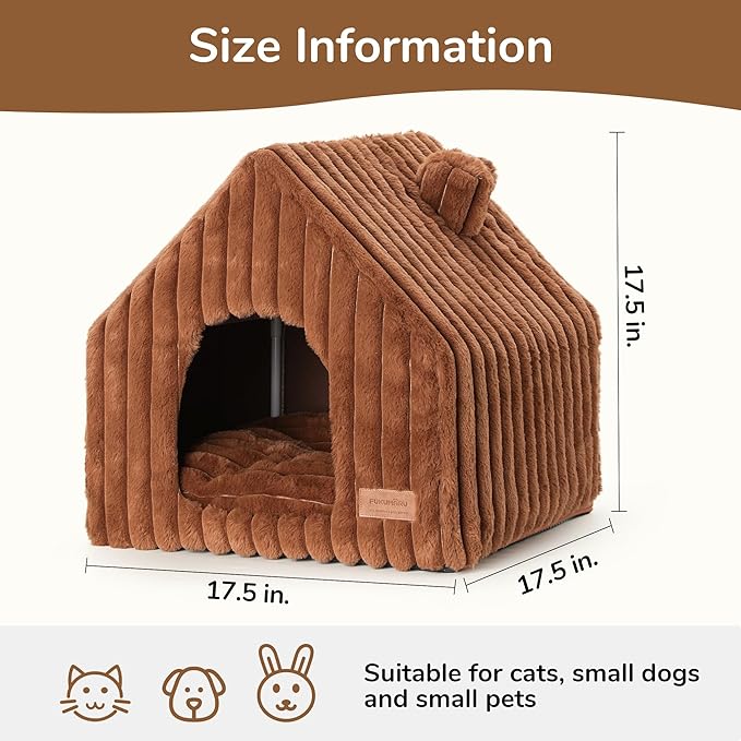 FUKUMARU Cat Houses for Indoor Cats, Washable Cute Cat Bed Cave with Removable Pillow, Large Semi-Enclosed Cozy Dog House Indoor, Soft Faux Rabbit Fur Kitten Bed, 17.5-Inch Durable Cat Hideaway, Brown