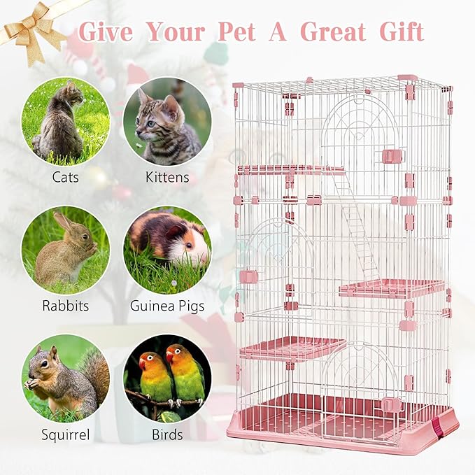 Hamiledyi 4-Tier Cat Cage Indoor Large Cat Enclosure with 1 Ramp Ladders 3 Platforms 3 Doors Metal Cat Playpen Outdoor Kitten Cage for 1-3 Small and Medium Pets (Pink)