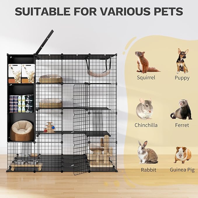DWVO Large Cat Cage with Storage Cube, 4 Tiers DIY Indoor Cat Enclosures Metal Cat Playpen Catio with Large Hammock for 1-4 Cats
