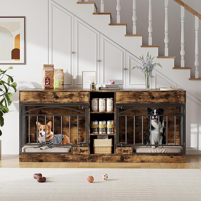GAOMON Dog Crate Furniture for 2 Dogs, 78.7'' Large Dog Kennel Indoor with 2 Storage Drawers, 3 Shelves and Feeding Bowls, Double Dog Crate TV Stand for Small and Medium Dogs, Brown