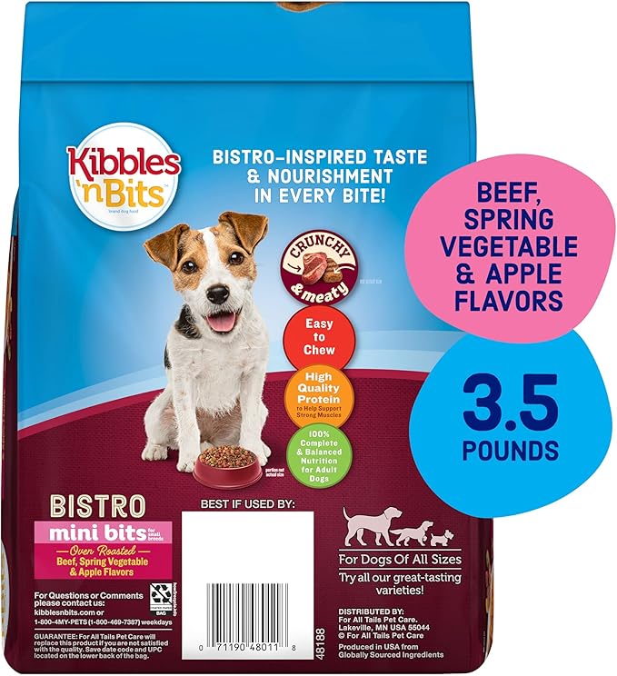 Kibbles 'n Bits Bistro Mini Bits Small Breed Dry Dog Food, Oven Roasted Beef, Spring Vegetable and Apple Flavors for Adult Dogs, 3.5 lb. Bag, 4 count