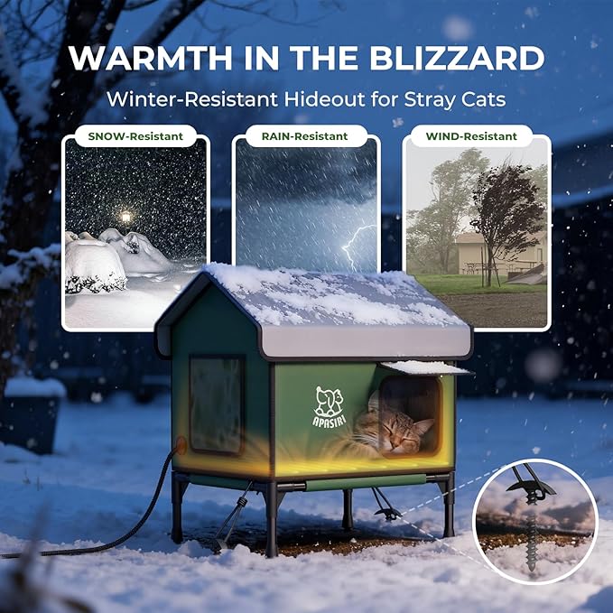 Apasiri Heated Cat House Weatherproof - Insulated Outdoor Cat Shelter with Thermostatic Heating Pad, Water Resistant 900D Oxford Feral Cat House with Anti-Peep Curtains Escape Door for Winter, Medium