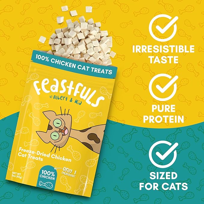 ALBERT & MIA Feastfuls Freeze Dried Cat Treats - 100% Freeze Dried Chicken Breast, Soft, Healthy Cat Treats, High in Protein, Extra Tasty, Great for Training Cats, as Snack and Kitty Food Topper (1oz)