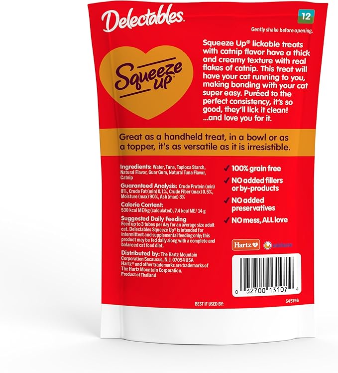 Delectables Squeeze Up Creamy Squeezable Puree, Lickable Wet Cat Treats, Grain Free, No Added Fillers, No by-Products, No Added Preservatives, 0.5 Ounces Tube Tuna with Catnip, 64 Tubes Total