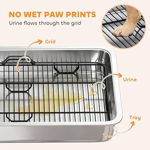 PawHut Dog Potty Tray Stainless Steel, Puppy Training Tray for Small and Medium Breeds, Indoor Dog Pee Pad Holder with Elevated Grid, Easy to Clean, for Porch, Bathroom, Balcony, 28" x 20" x 4"