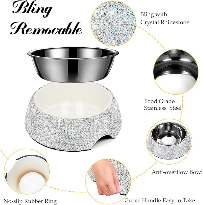 SlowVibes Bling Stainless Steel Dog Bowls,7oz Detachable Rhinestone Metal Food Water Bowl for Feeding Dogs Cats,Rust Resistant Non-Slip Puppy Dish with Gems,Sparkle Essentials for Small Girly Pets