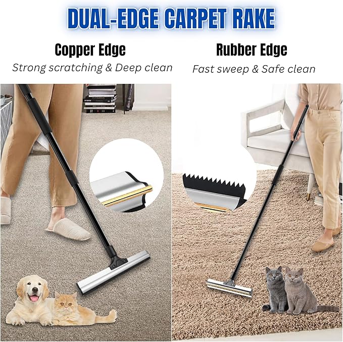 2025 Dual-Edge Carpet Rake for Pet Hair Removal & Fluffing Matted Carpet – 61" Adjustable Handle, Deep Clean Dog & Cat Hair Remover, Reusable Scraper for Rugs, Low Pile Carpet, Couch & Stairs