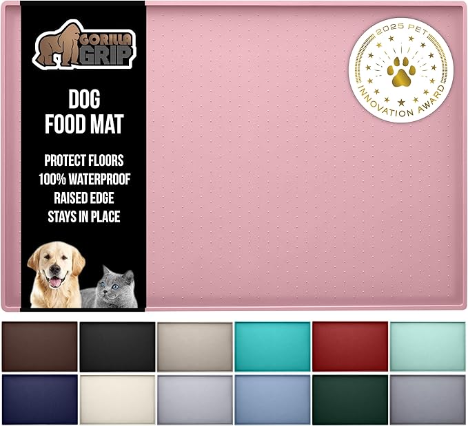 GORILLA GRIP 100% Waterproof Raised Edge BPA Free Silicone Pet Feeding Mat, Dog Cat Food Mats Contain Spills Protects Floors, Placemats for Cats and Dogs Water Bowl, Pets Accessories 16x10, Pink