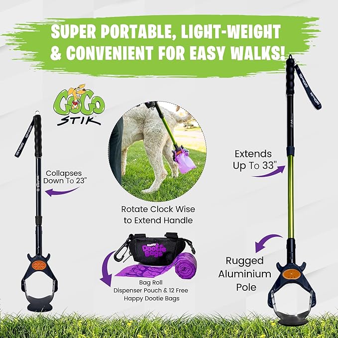 GoGo Stik, Catch-N-Go! Consumer Reports #1 Rated Ergonomic Scooper 2023-2026. Catch Poo on Walks. Alum Tele-Handle, Bag Pouch Dispenser, Wrist Strap. 10-Yr Wty.